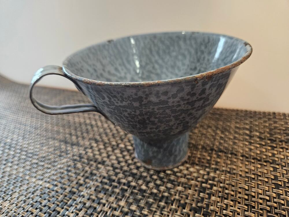 Antique Graniteware Enamel Gray Metal Canning Funnel for Fruit Jar.